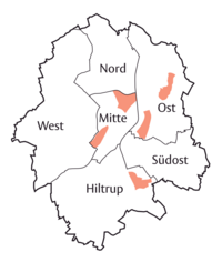 Das Bild zeigt die Lage der Projekte zur altengerechten Quartiersentwicklung auf dem Münsteraner Stadtplan