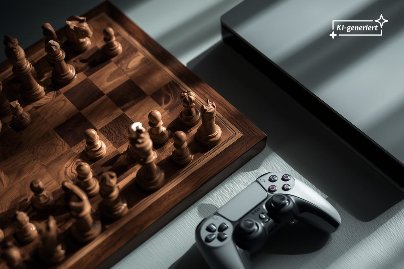 Ein Schachbrett neben einem Gaming-Controller