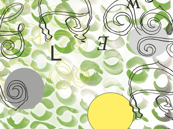 Grafik mit bunten Formen und Buchstaben