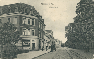 Postkarte mit einem Kolonialwarenladen an der Wolbeckerstraße, 1918