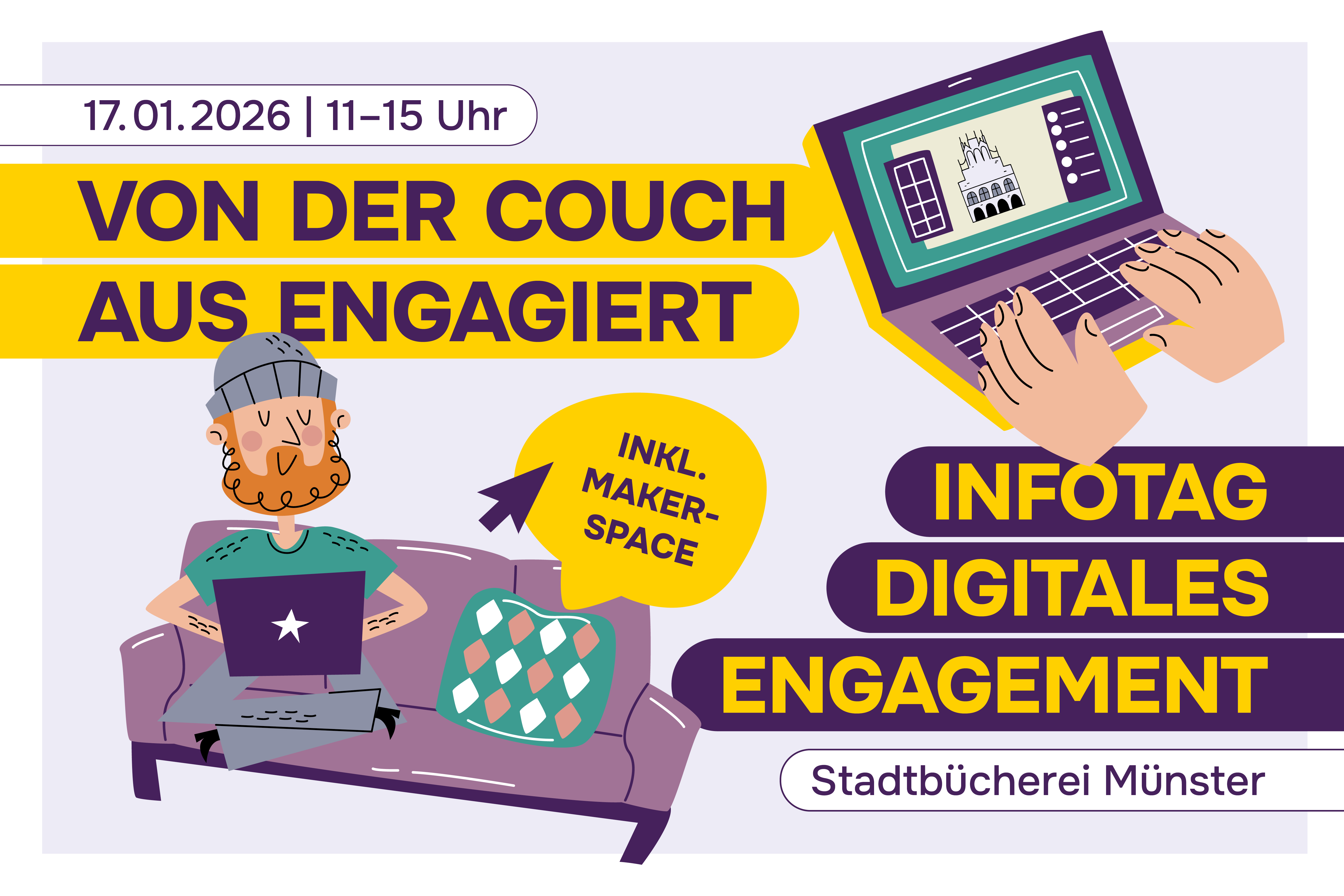 Das Foto zeigt eine Grafik mit einem Menschen, der vom Sofa aus auf einem Laptop schreibt.