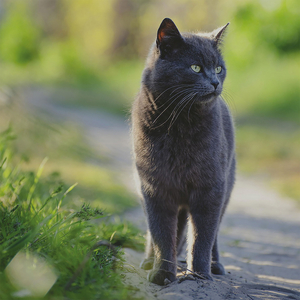 Eine schwarze Katze steht auf einem kleinen Weg durch Grün.