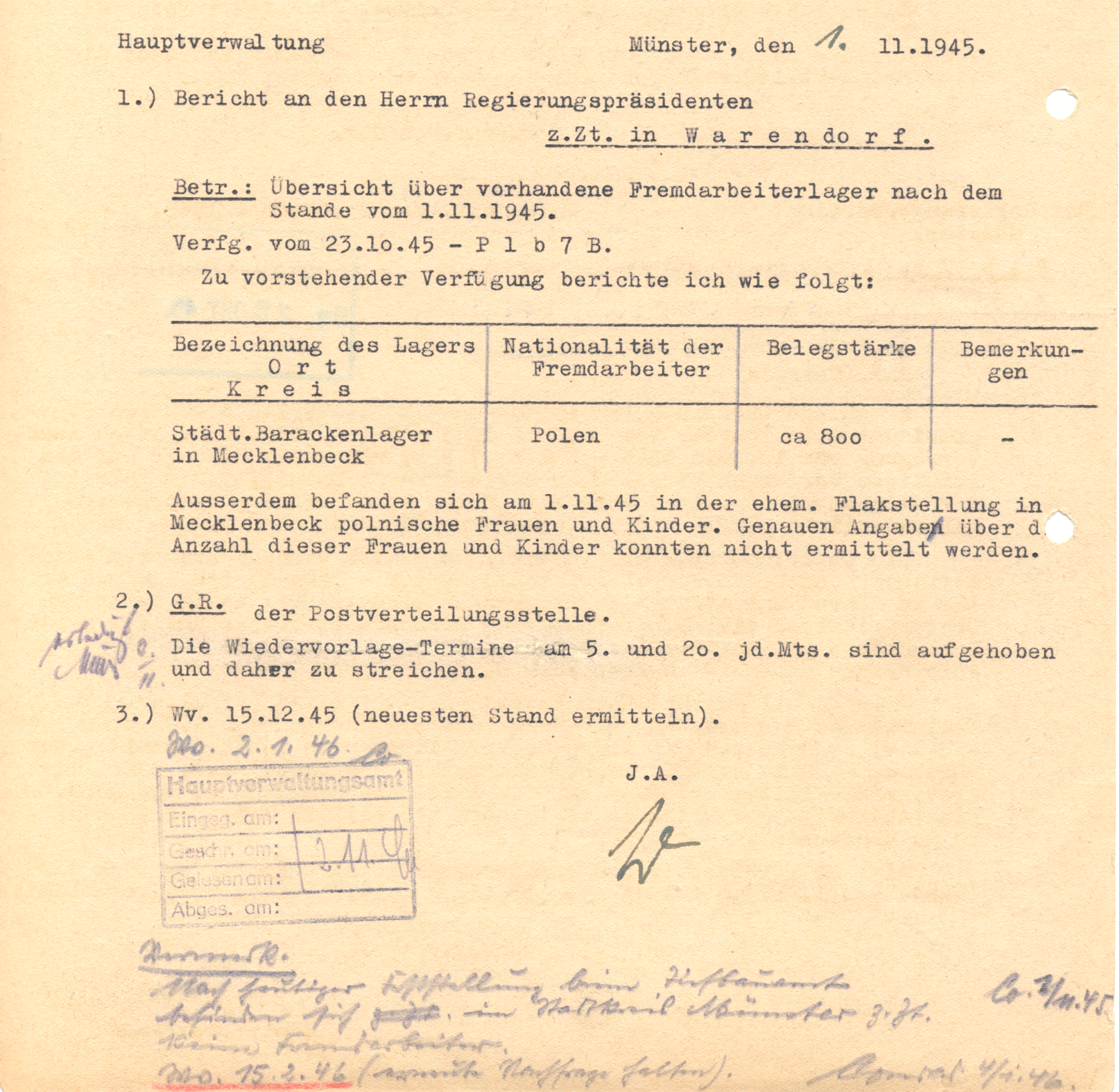 Foto eine Berichts darüber, wie viele ehemalige Zwangsarbeiter am 1.11.1945 weiterhin in Münster lebten.
