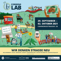 Das Bild zeigt das Comic-artige Plakat, das unter dem Motto Wir denken Straße neu zum CorrensLab vom 29. September bis zum 02. Oktober 2021 einlud.