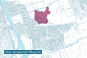 Übersichtsplan zum geplanten Sportpark für Hiltrup-Ost: Die geplante Fläche ist auf der Karte farblich markiert.