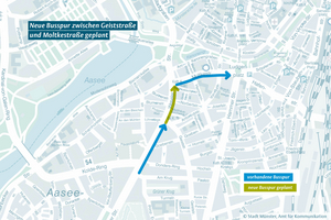 Ein Kartenausschnitt von Münster ist ersichtlich. Dort ist auf der Weseler Straße stadteinwärts in Höhe der Antoniuskirche eingezeichnet, wo die neue Busspur langführen soll. Zwischen Geiststraße und Moltkestraße soll die Busspur erweitert werden. 