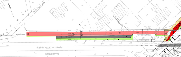 Planausschnitt mit der geplanten Maßnahme: Umsetzung einer rot eingefärbten Fahrradstraße