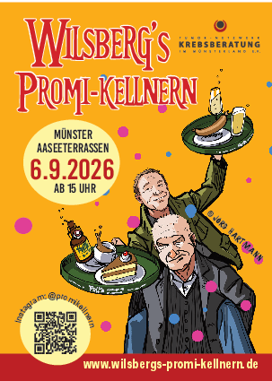 Postkarte Wilsberg's Promi-Kellnern 2026 mit Comiczeichnung von Wilsberg und Overbeck