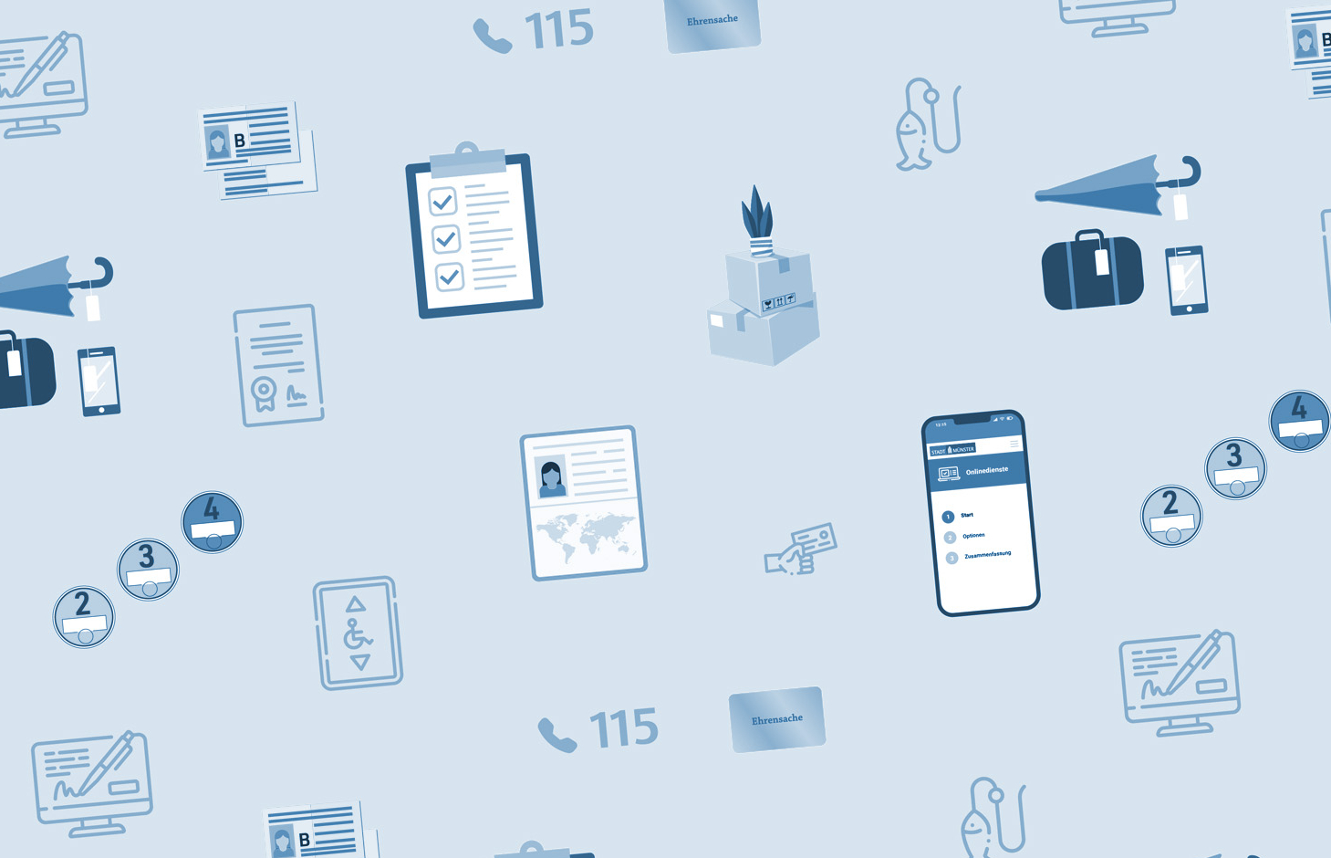 Aneinanderreihung von Symbolen, die verschiedene Dienstleistung der Bürgerbüros symbolisieren