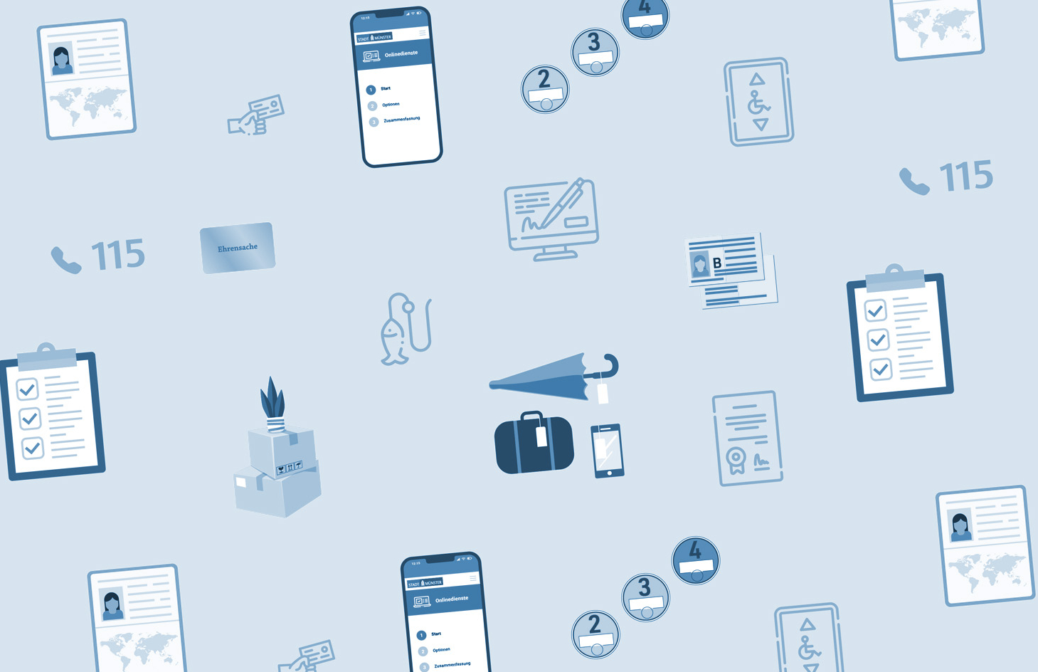Aneinanderreihung von Symbolen, die verschiedene Dienstleistung der Bürgerbüros symbolisieren