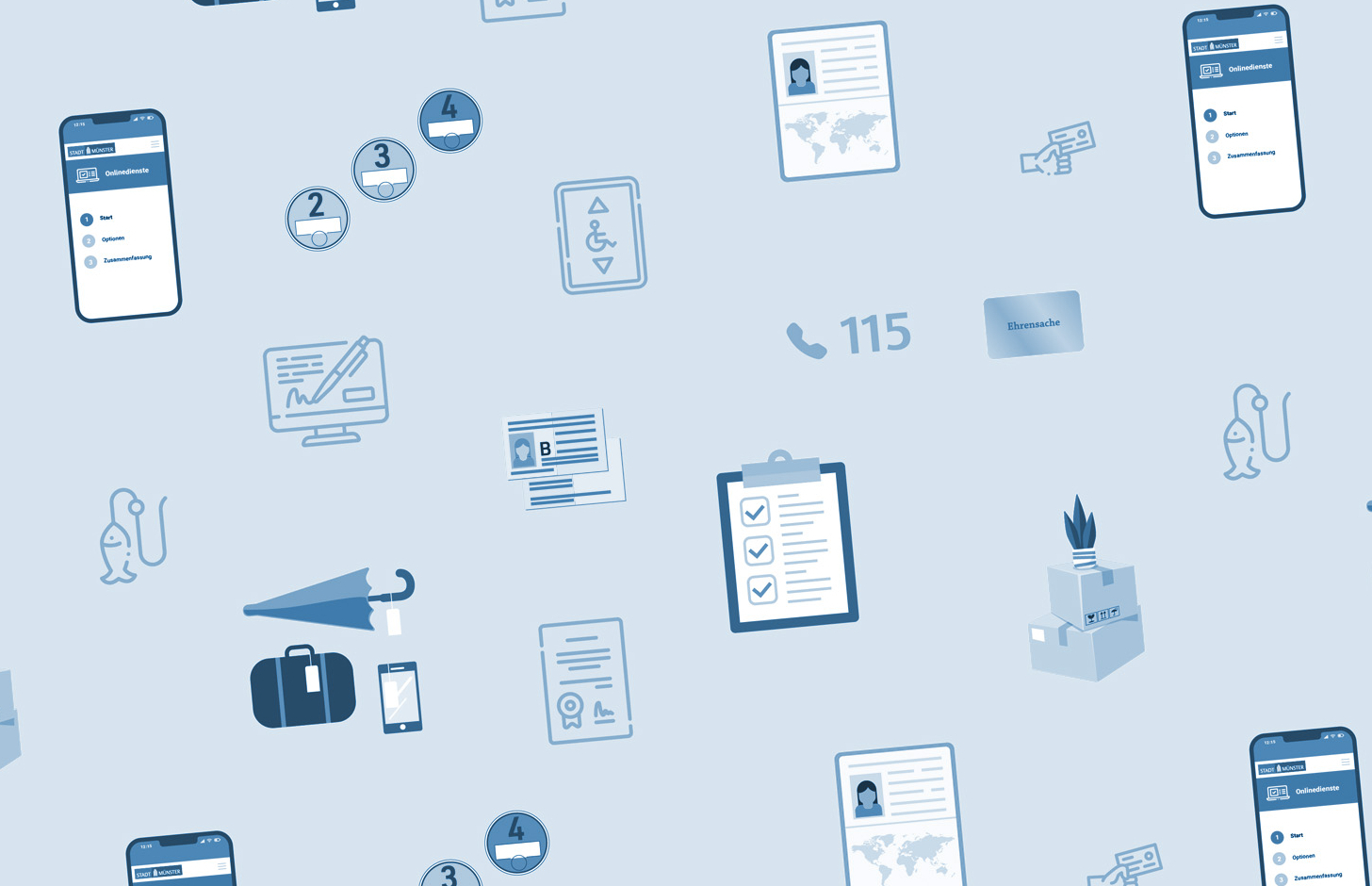 Aneinanderreihung von Symbolen, die verschiedene Dienstleistung der Bürgerbüros symbolisieren