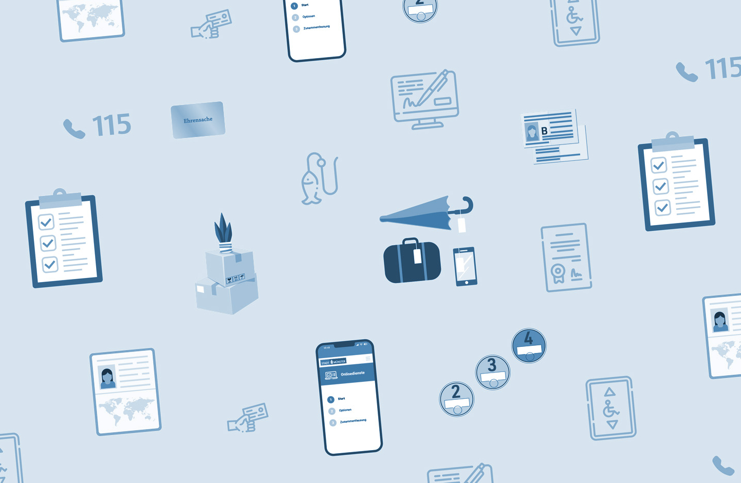 Aneinanderreihung von Symbolen, die verschiedene Dienstleistung der Bürgerbüros symbolisieren