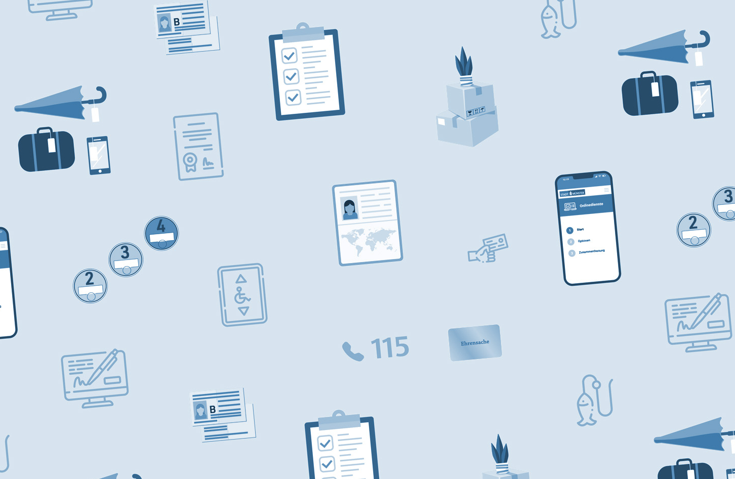 Aneinanderreihung von Symbolen, die verschiedene Dienstleistung der Bürgerbüros symbolisieren