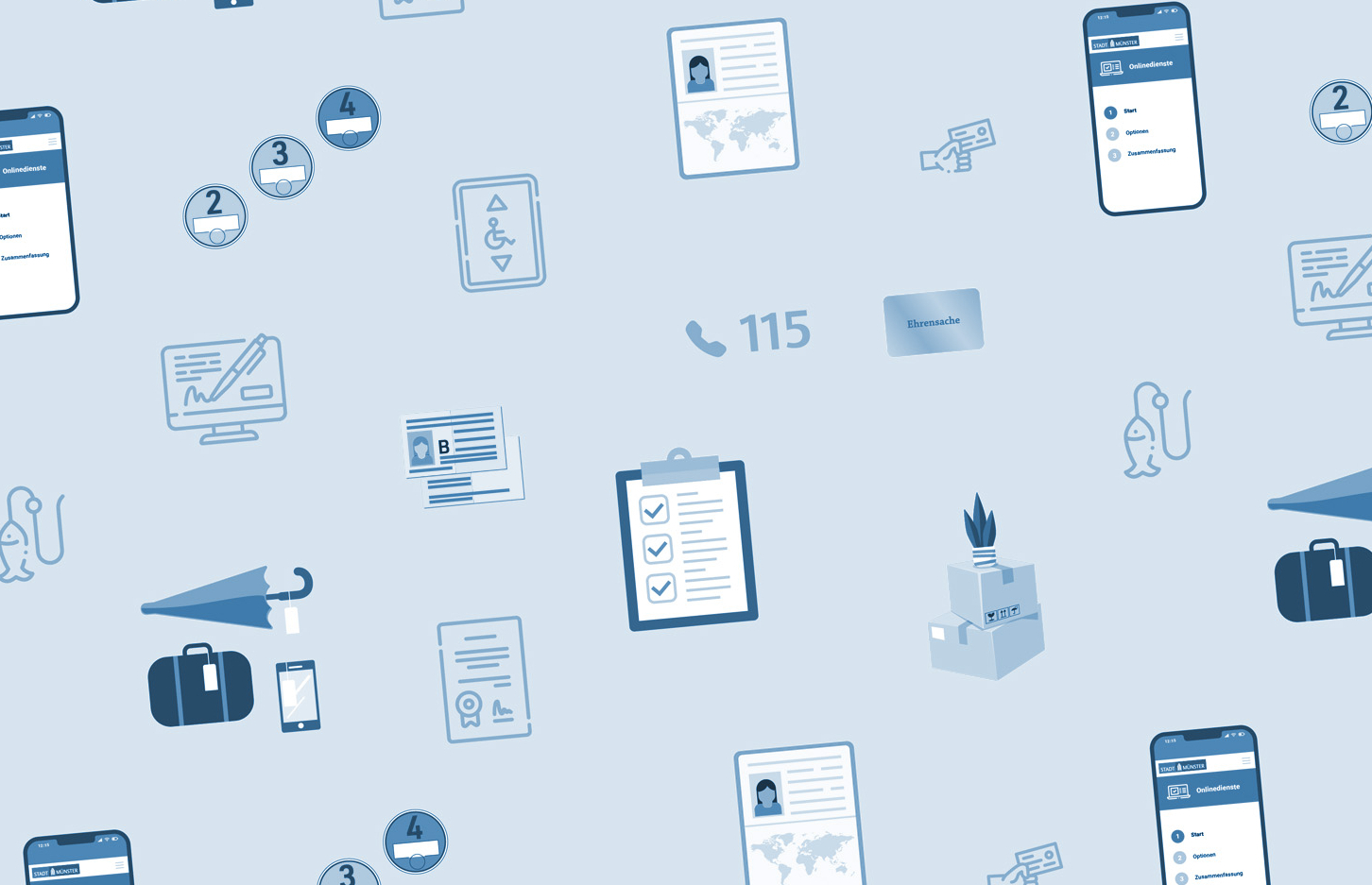 Aneinanderreihung von Symbolen, die verschiedene Dienstleistung der Bürgerbüros symbolisieren