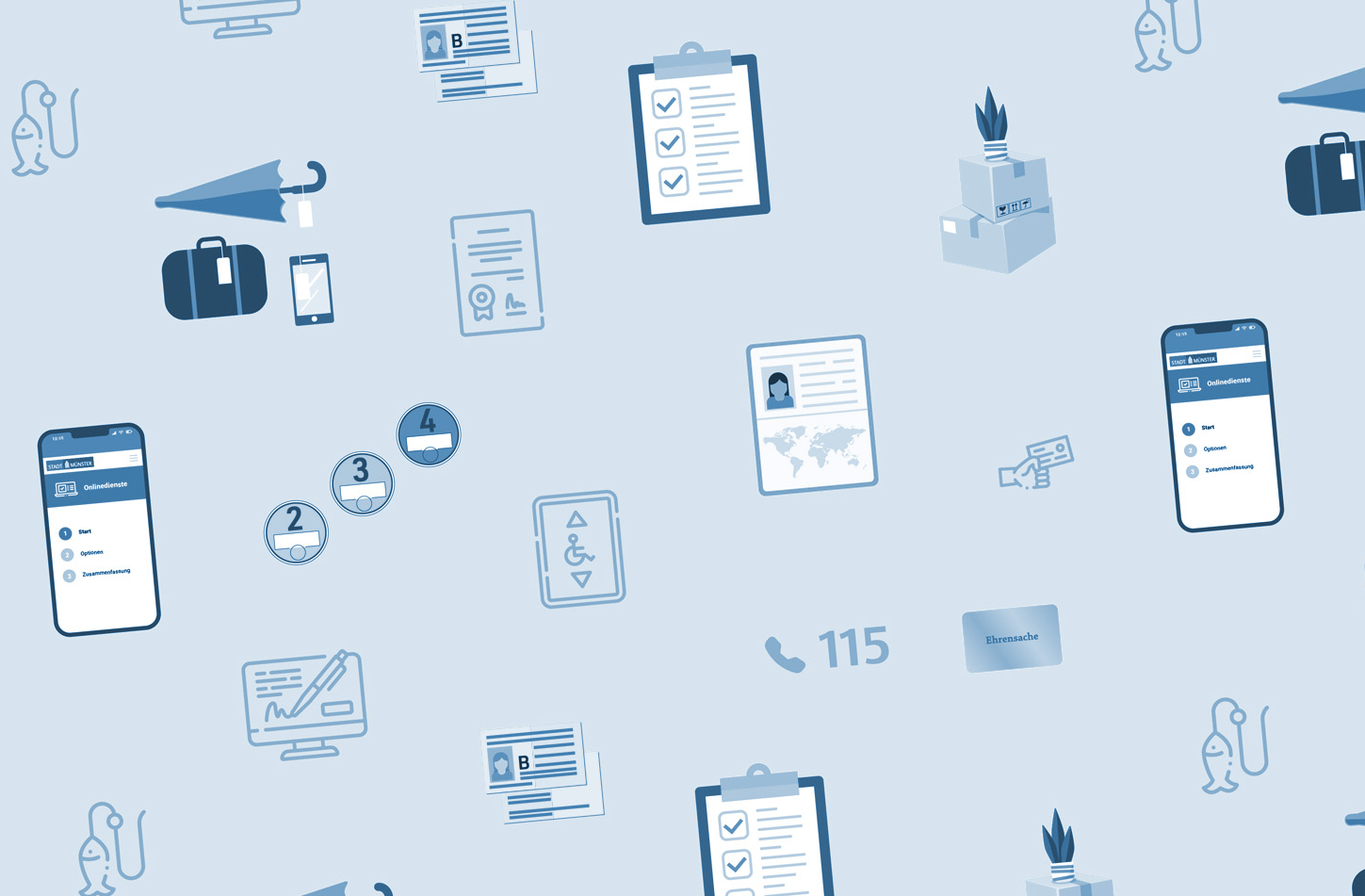 Aneinanderreihung von Symbolen, die verschiedene Dienstleistung der Bürgerbüros symbolisieren