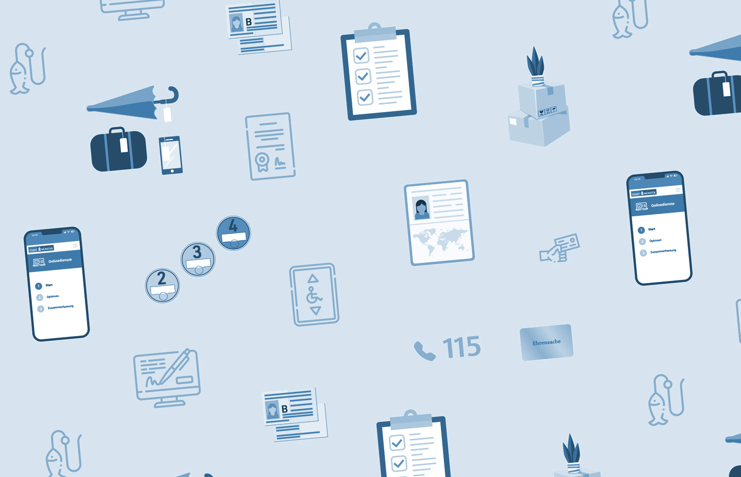 Aneinanderreihung von Symbolen, die verschiedene Dienstleistung der Bürgerbüros symbolisieren