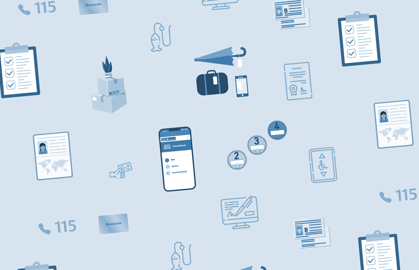 Aneinanderreihung von Symbolen, die verschiedene Dienstleistung der Bürgerbüros symbolisieren