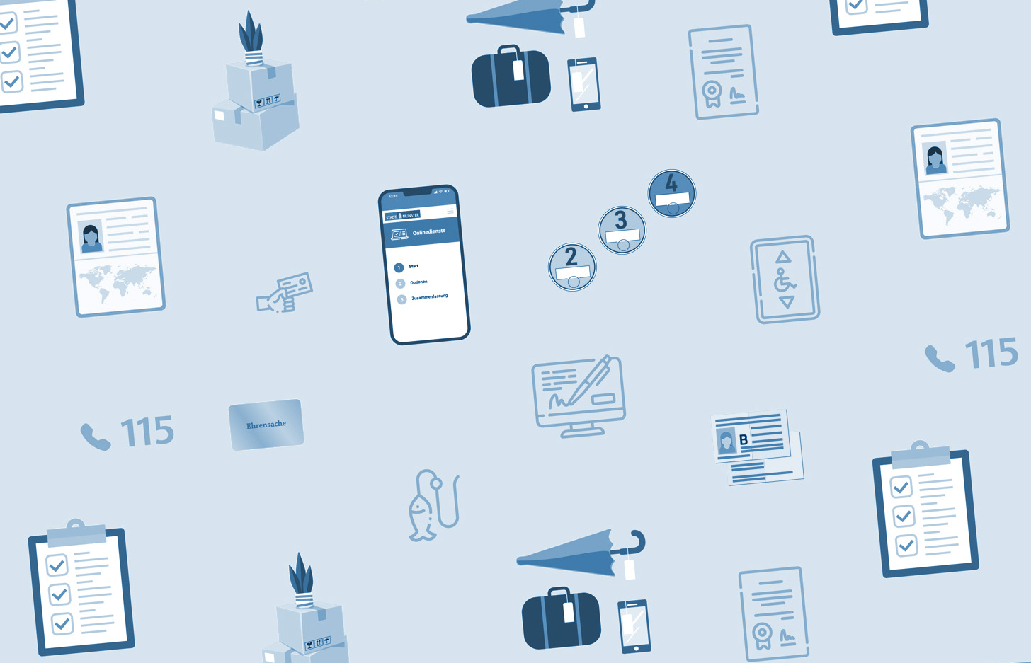 Aneinanderreihung von Symbolen, die verschiedene Dienstleistung der Bürgerbüros symbolisieren