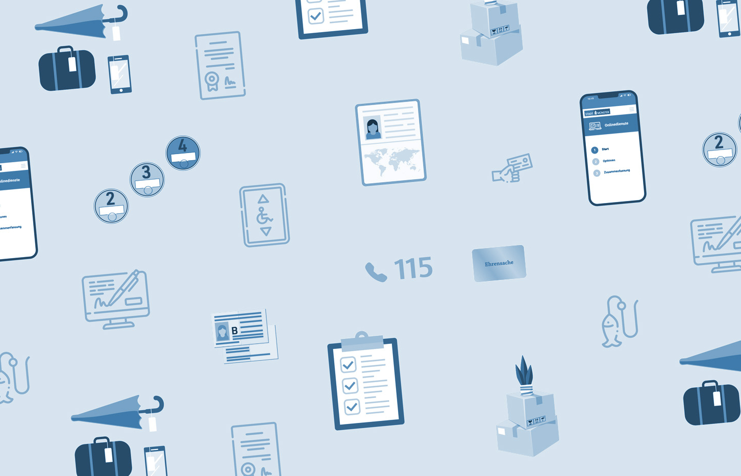 Aneinanderreihung von Symbolen, die verschiedene Dienstleistung der Bürgerbüros symbolisieren