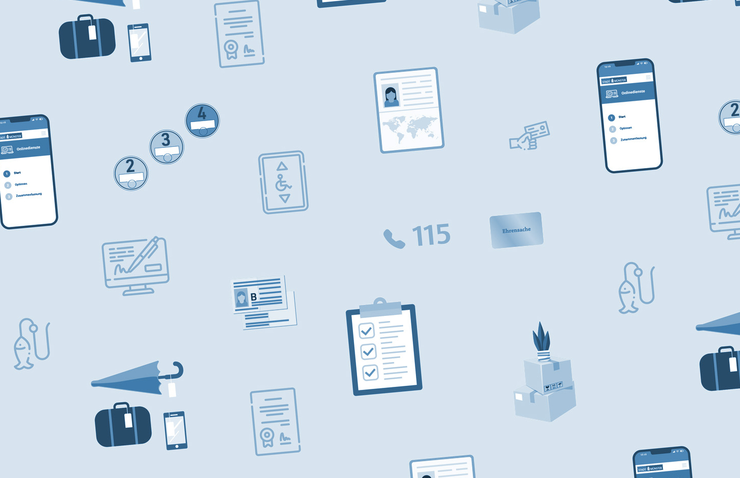 Aneinanderreihung von Symbolen, die verschiedene Dienstleistung der Bürgerbüros symbolisieren