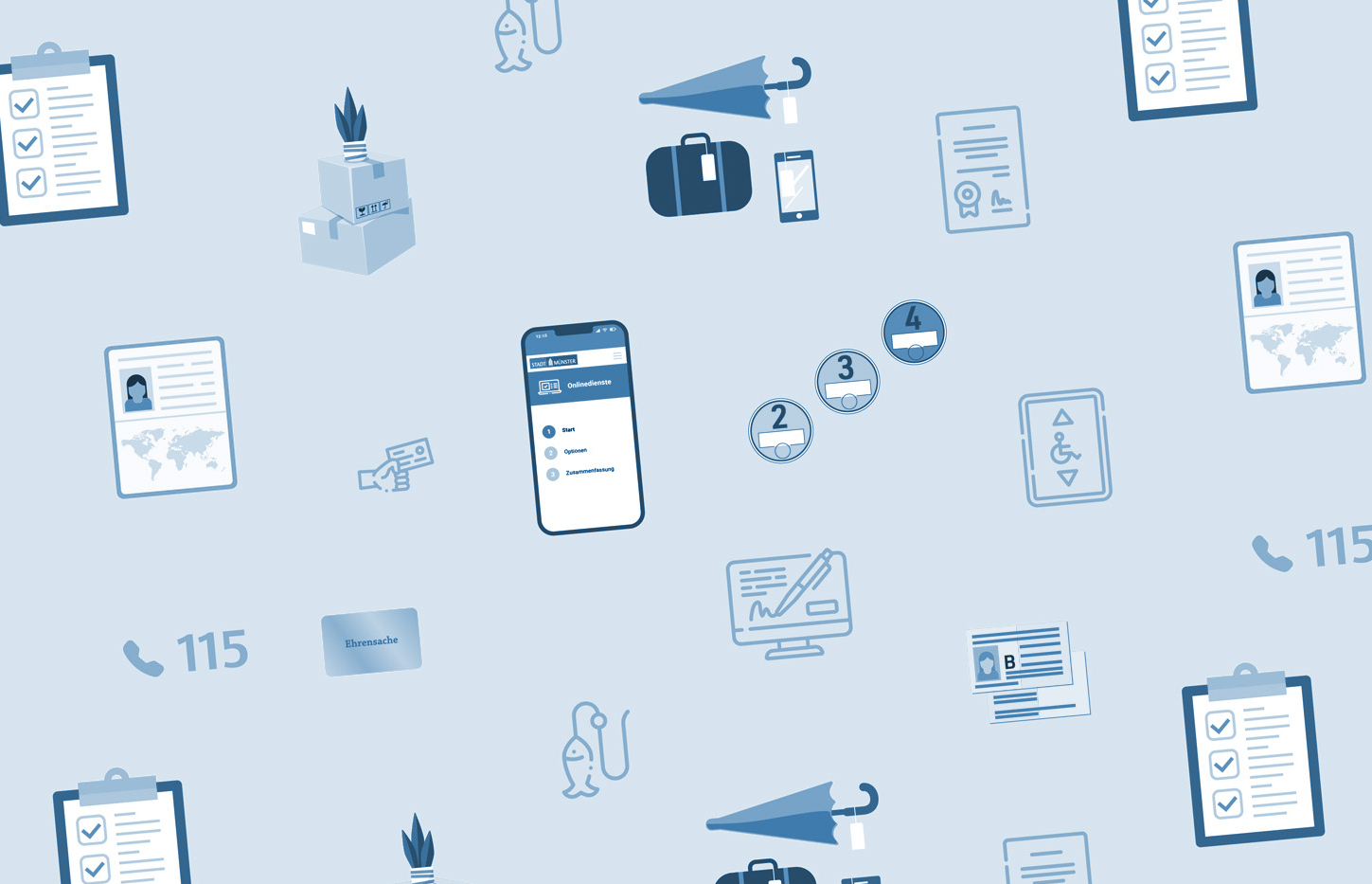 Aneinanderreihung von Symbolen, die verschiedene Dienstleistung der Bürgerbüros symbolisieren