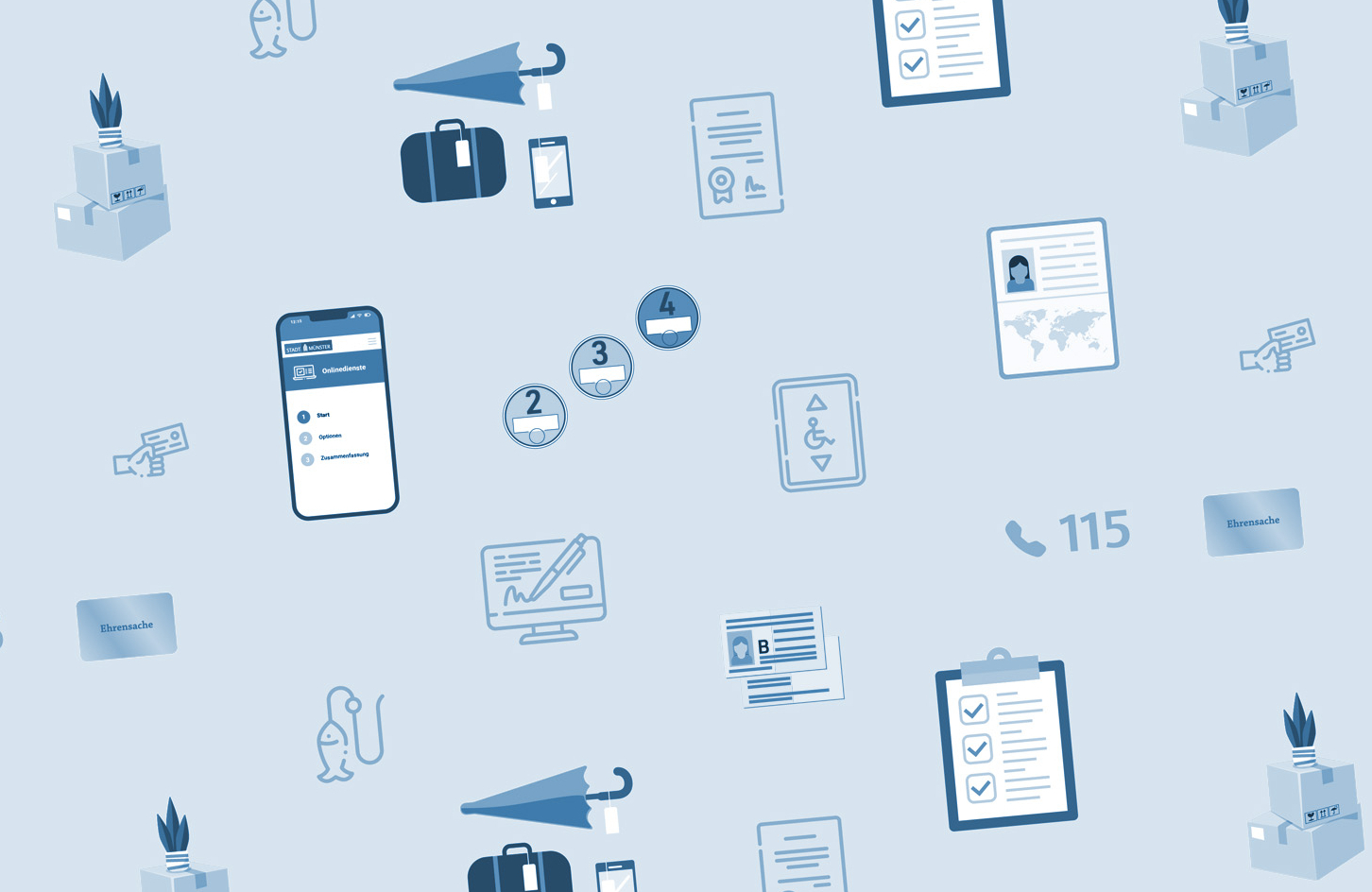 Aneinanderreihung von Symbolen, die verschiedene Dienstleistung der Bürgerbüros symbolisieren