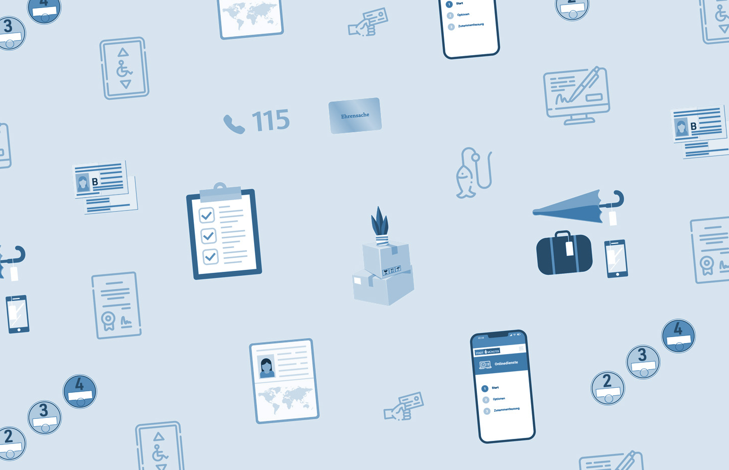 Aneinanderreihung von Symbolen, die verschiedene Dienstleistung der Bürgerbüros symbolisieren