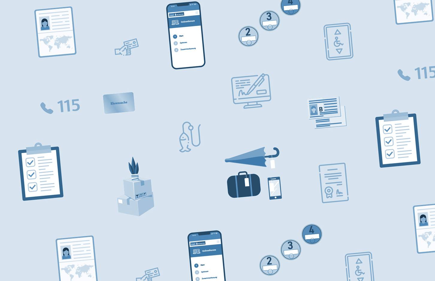 Aneinanderreihung von Symbolen, die verschiedene Dienstleistung der Bürgerbüros symbolisieren