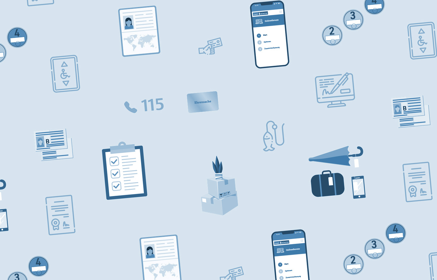 Aneinanderreihung von Symbolen, die verschiedene Dienstleistung der Bürgerbüros symbolisieren