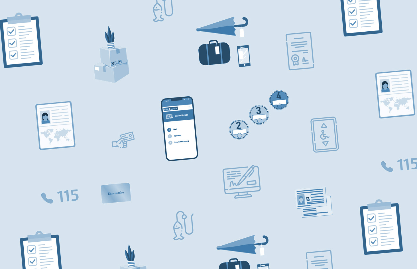 Aneinanderreihung von Symbolen, die verschiedene Dienstleistung der Bürgerbüros symbolisieren