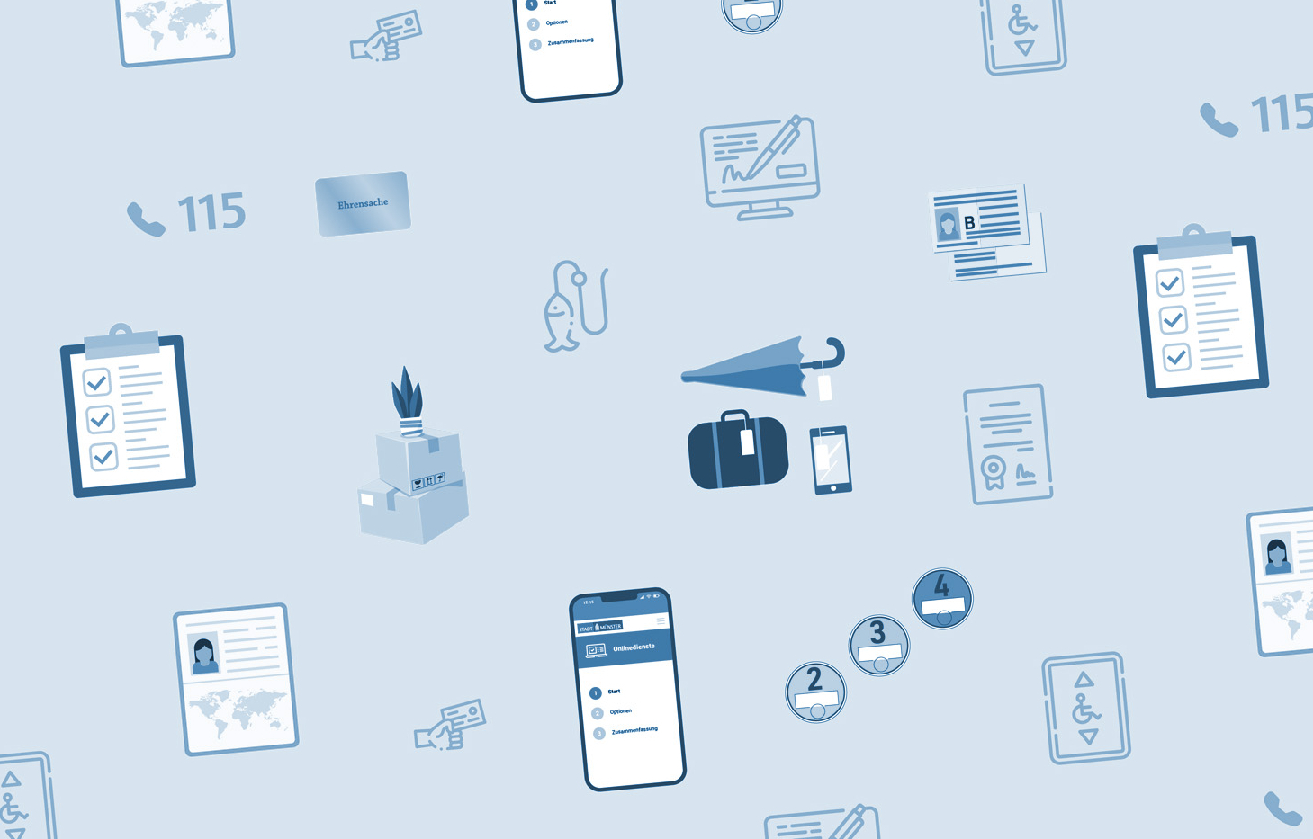 Aneinanderreihung von Symbolen, die verschiedene Dienstleistung der Bürgerbüros symbolisieren