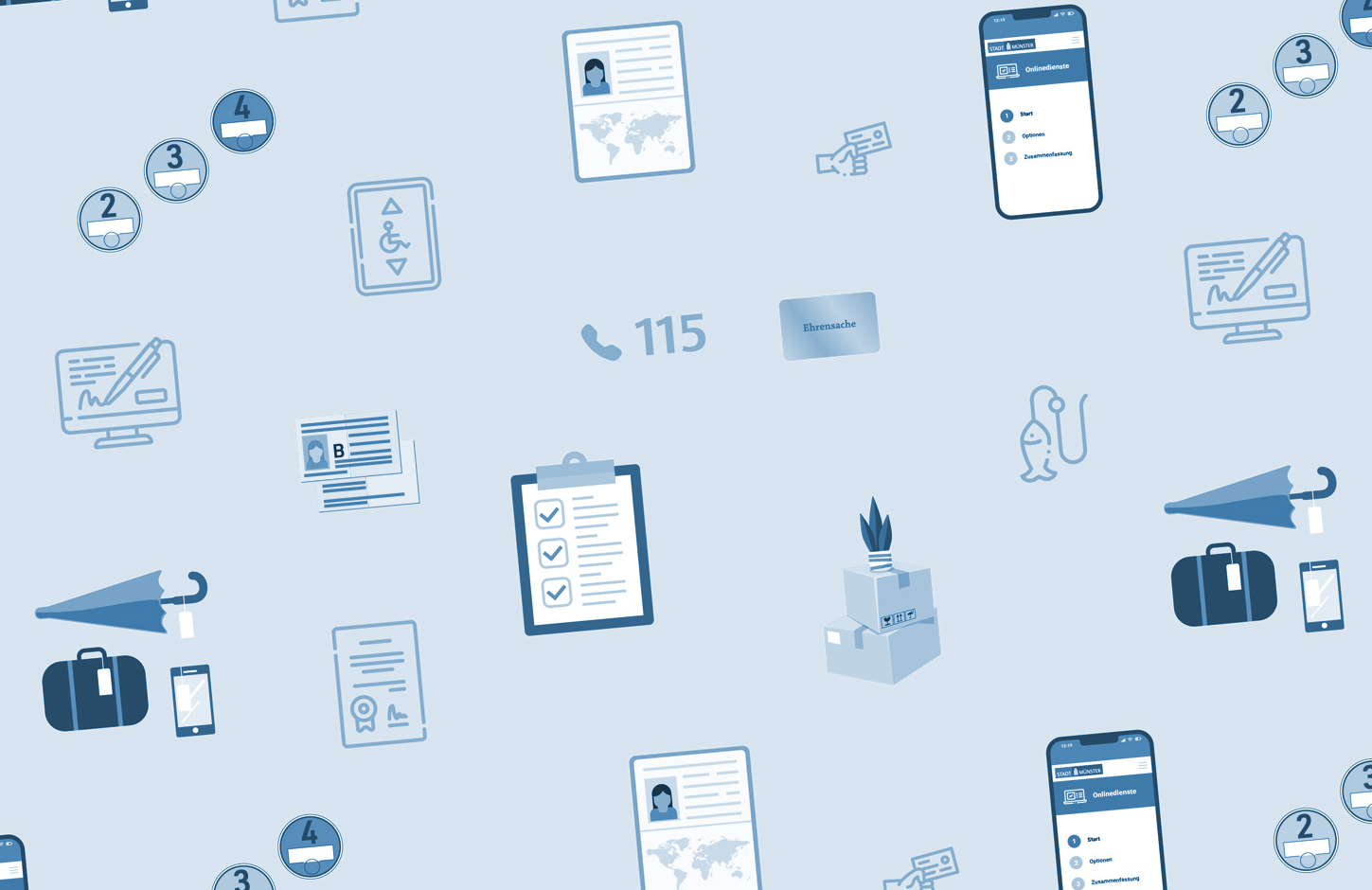 Aneinanderreihung von Symbolen, die verschiedene Dienstleistung der Bürgerbüros symbolisieren