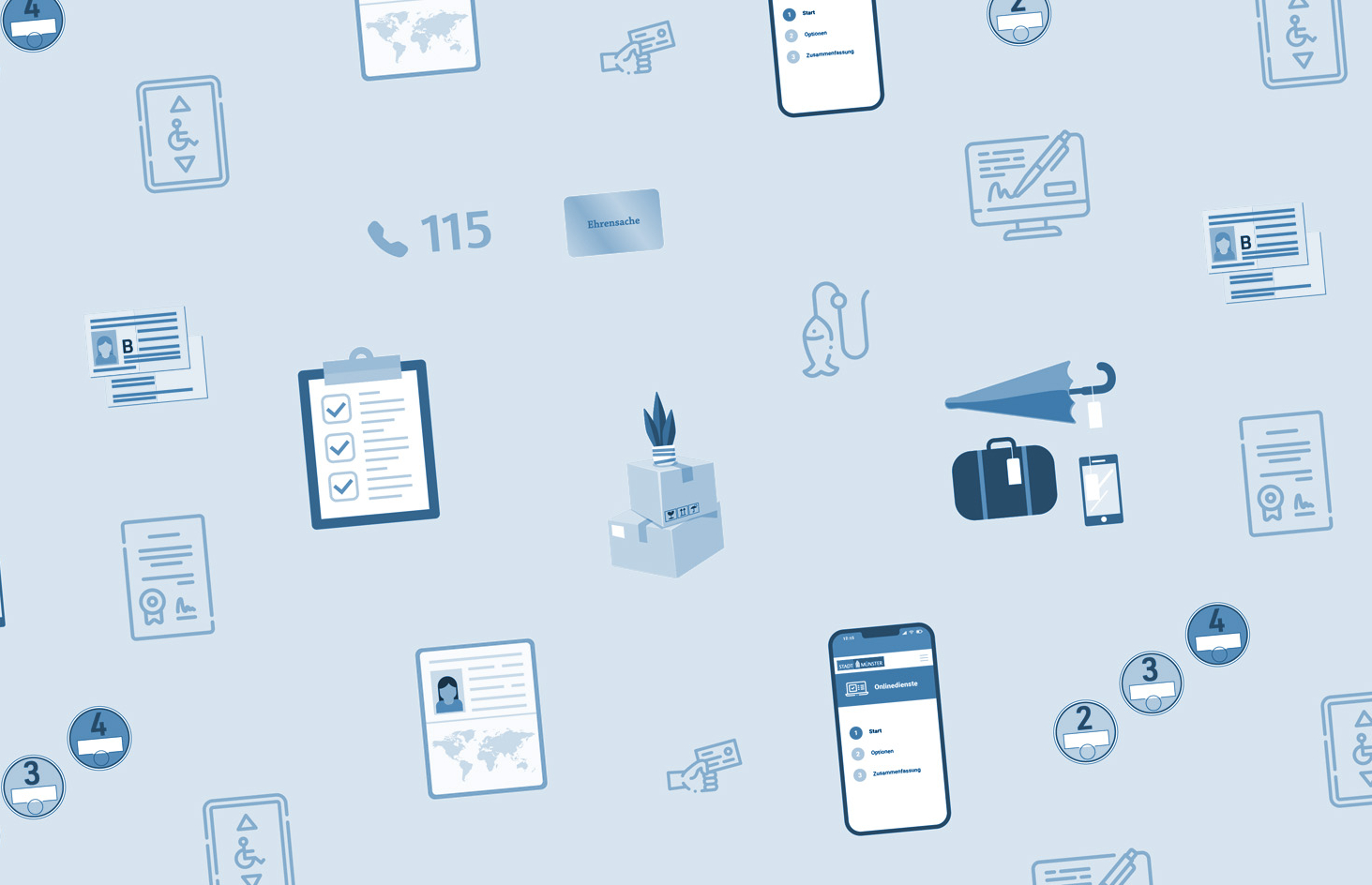 Aneinanderreihung von Symbolen, die verschiedene Dienstleistung der Bürgerbüros symbolisieren