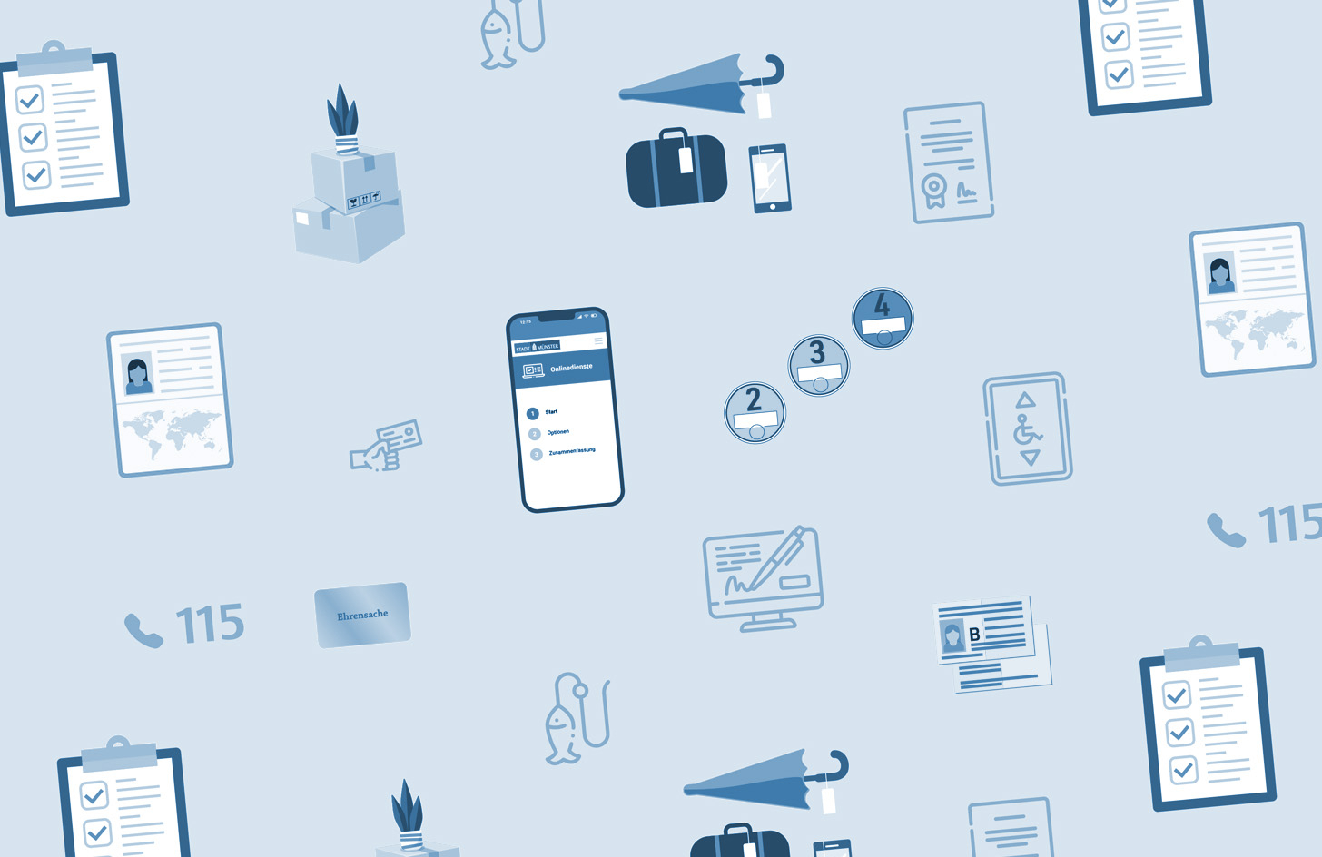 Aneinanderreihung von Symbolen, die verschiedene Dienstleistung der Bürgerbüros symbolisieren