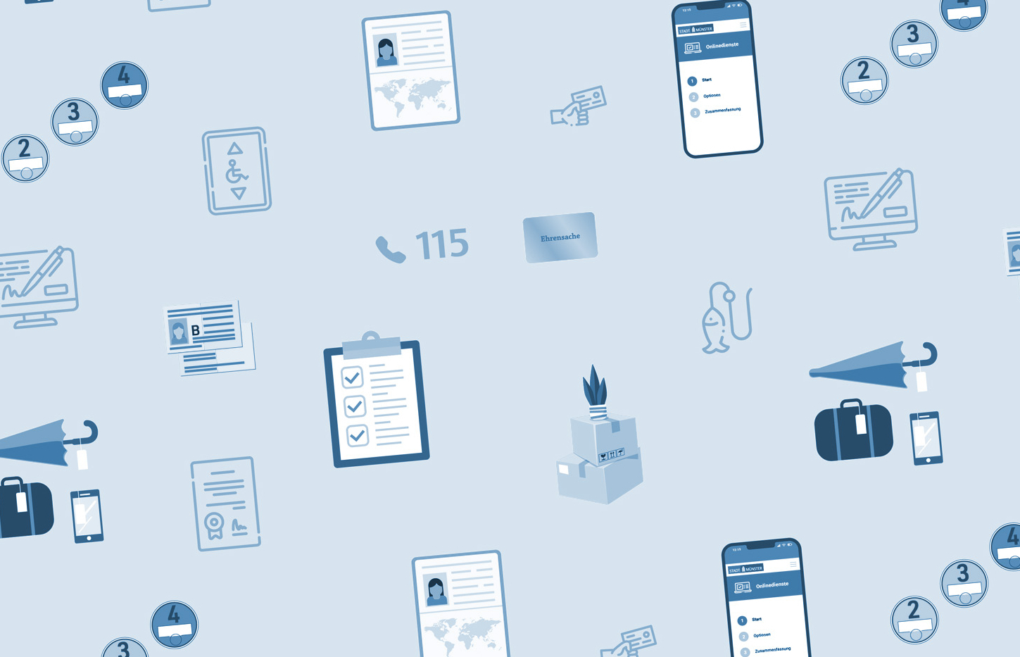 Aneinanderreihung von Symbolen, die verschiedene Dienstleistung der Bürgerbüros symbolisieren
