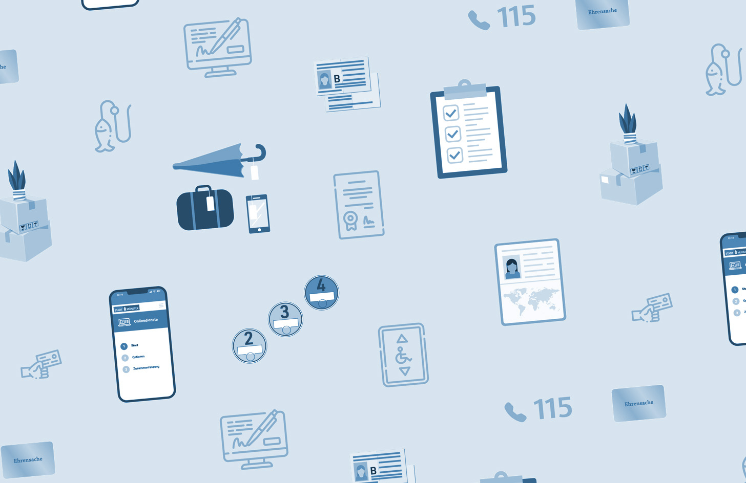 Aneinanderreihung von Symbolen, die verschiedene Dienstleistung der Bürgerbüros symbolisieren