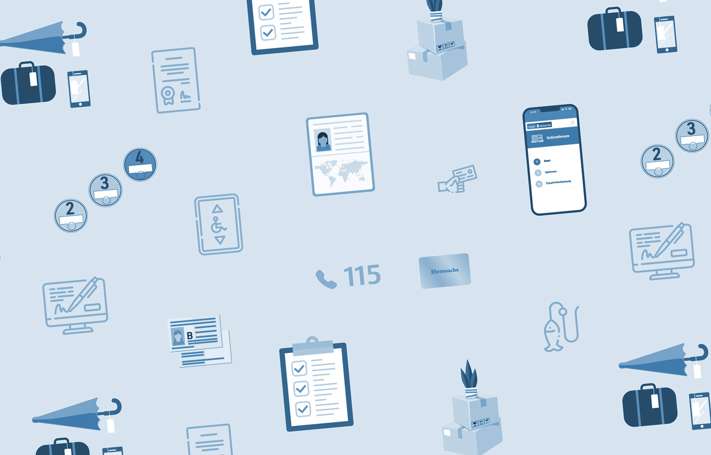 Aneinanderreihung von Symbolen, die verschiedene Dienstleistung der Bürgerbüros symbolisieren