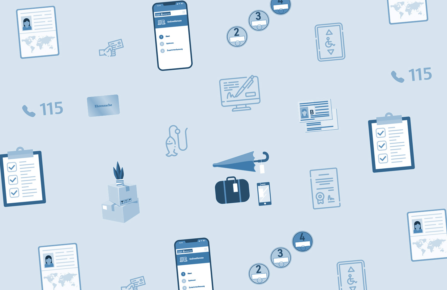 Aneinanderreihung von Symbolen, die verschiedene Dienstleistung der Bürgerbüros symbolisieren