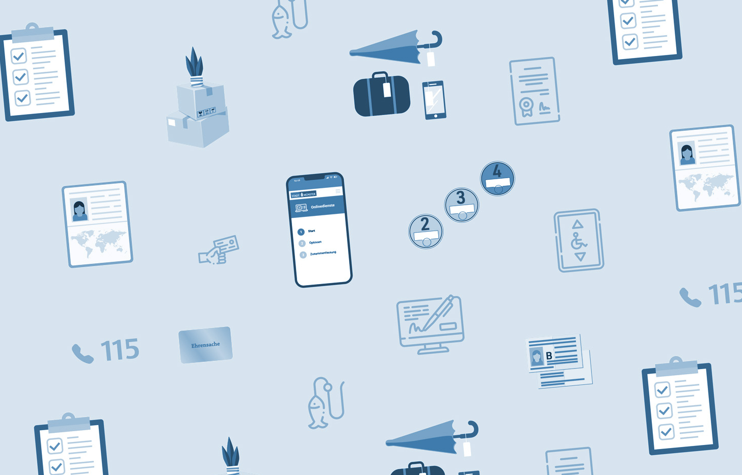 Aneinanderreihung von Symbolen, die verschiedene Dienstleistung der Bürgerbüros symbolisieren