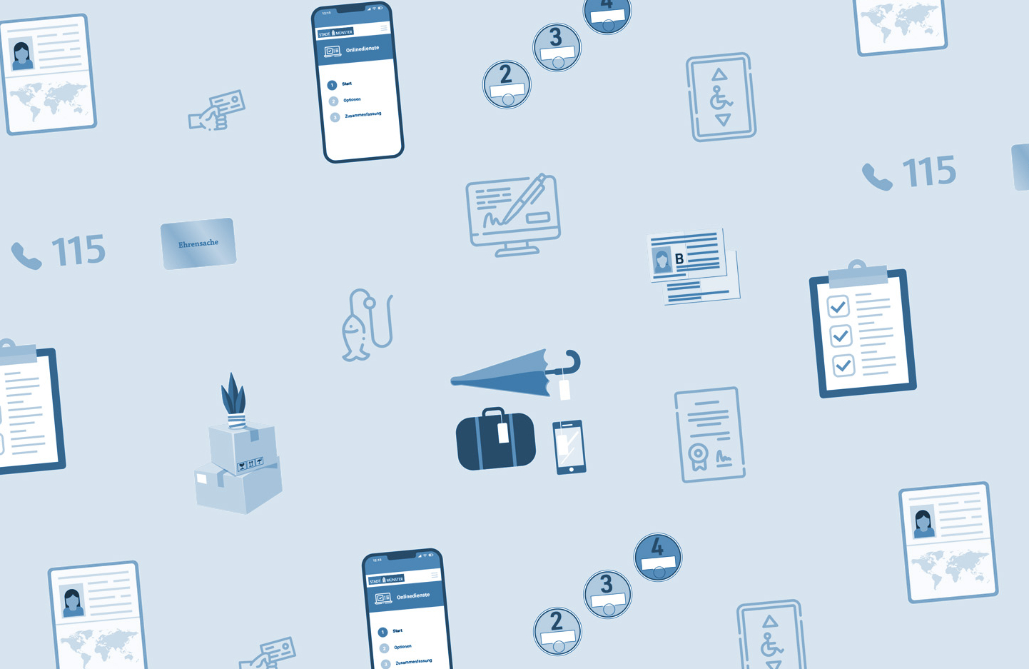 Aneinanderreihung von Symbolen, die verschiedene Dienstleistung der Bürgerbüros symbolisieren