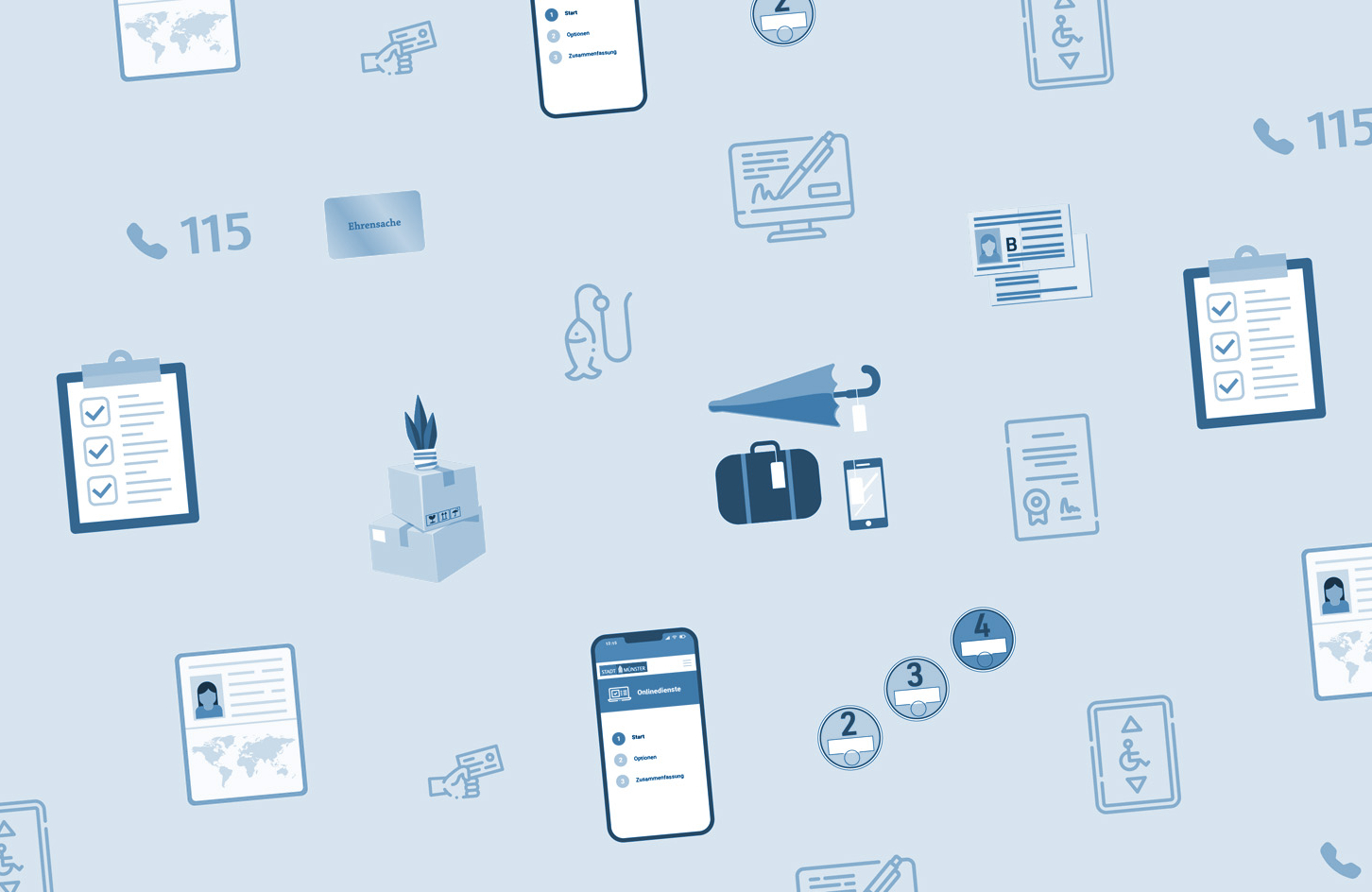 Aneinanderreihung von Symbolen, die verschiedene Dienstleistung der Bürgerbüros symbolisieren