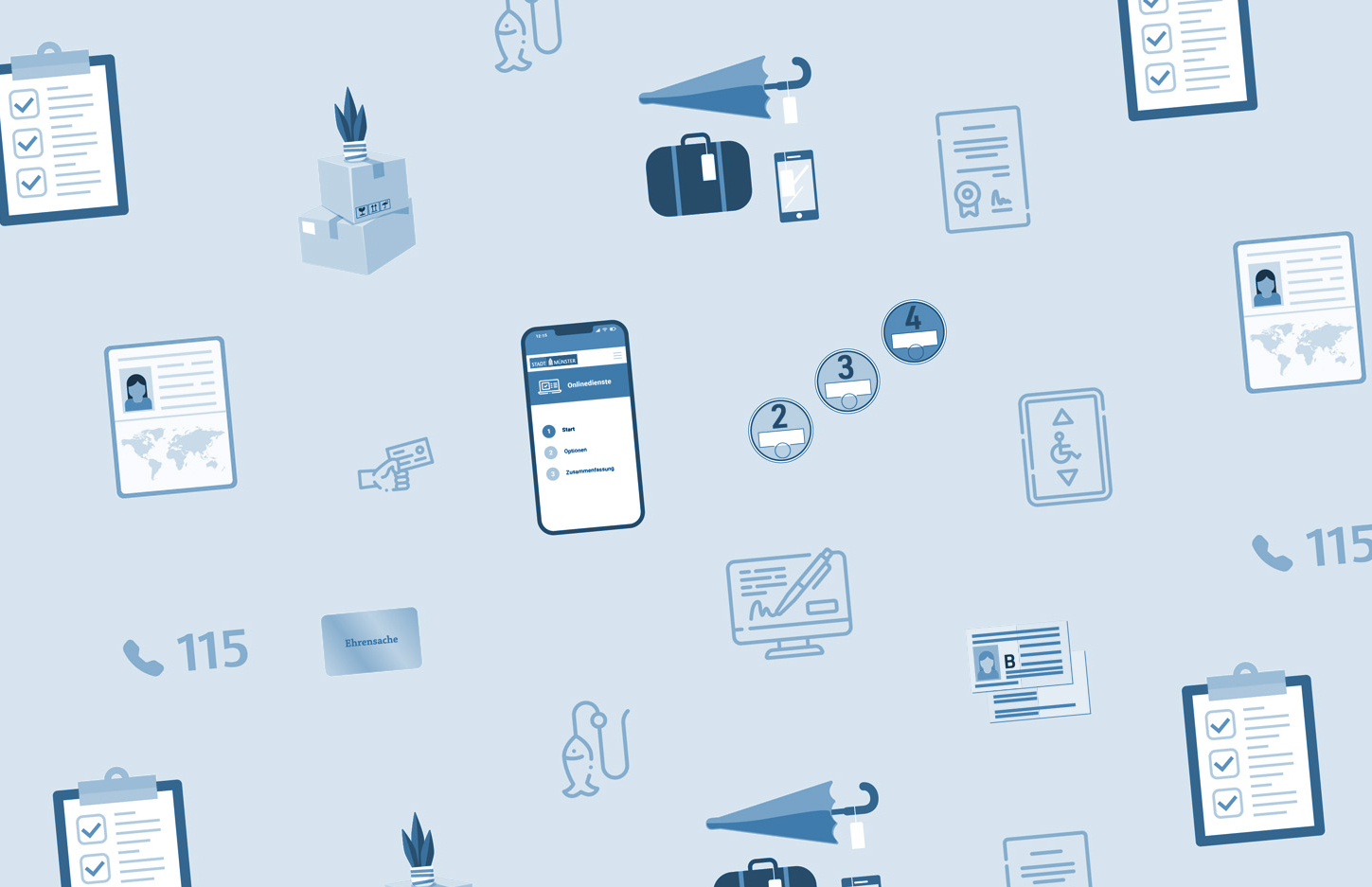 Aneinanderreihung von Symbolen, die verschiedene Dienstleistung der Bürgerbüros symbolisieren