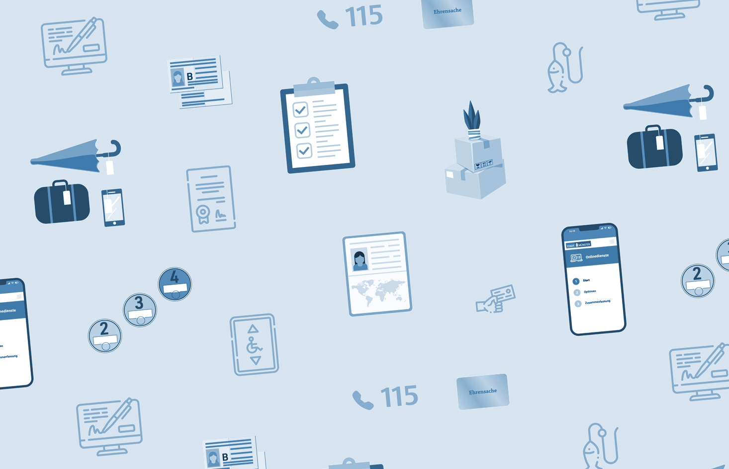 Aneinanderreihung von Symbolen, die verschiedene Dienstleistung der Bürgerbüros symbolisieren