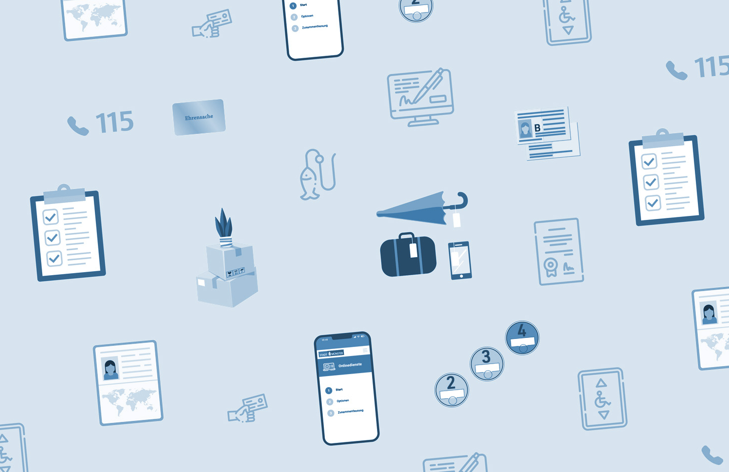 Aneinanderreihung von Symbolen, die verschiedene Dienstleistung der Bürgerbüros symbolisieren