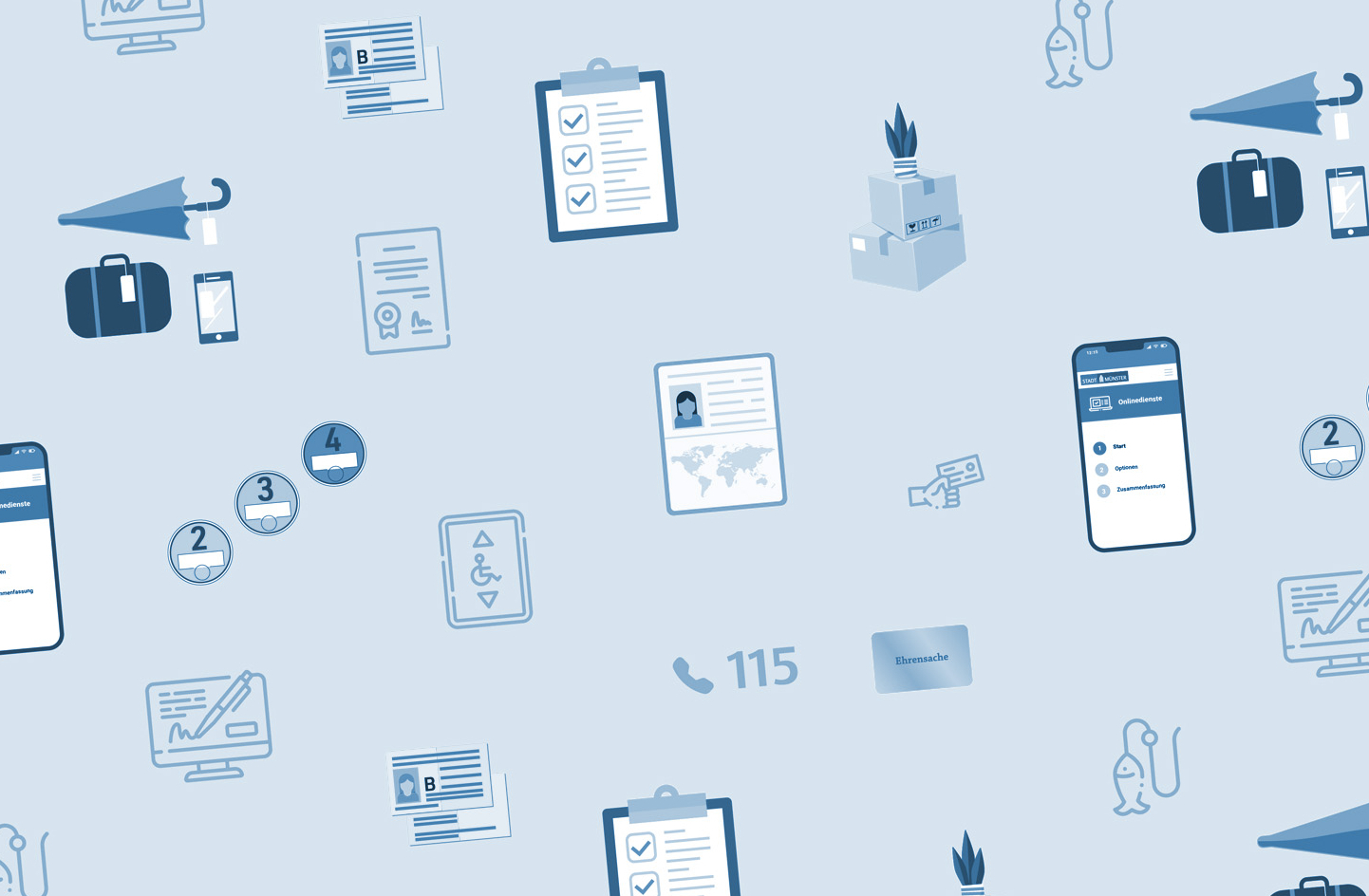 Aneinanderreihung von Symbolen, die verschiedene Dienstleistung der Bürgerbüros symbolisieren