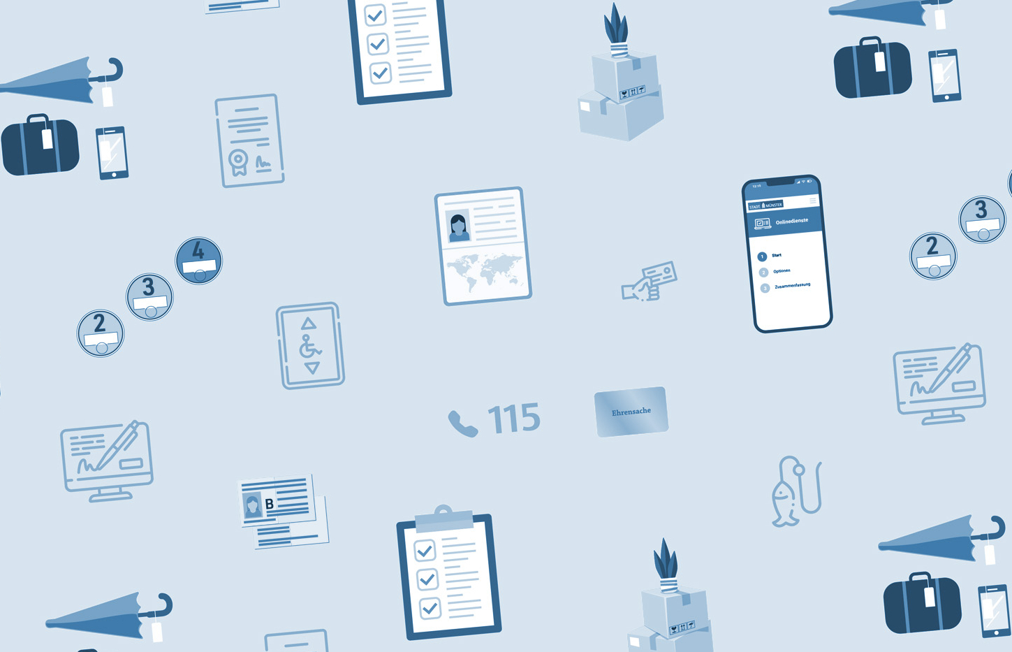 Aneinanderreihung von Symbolen, die verschiedene Dienstleistung der Bürgerbüros symbolisieren