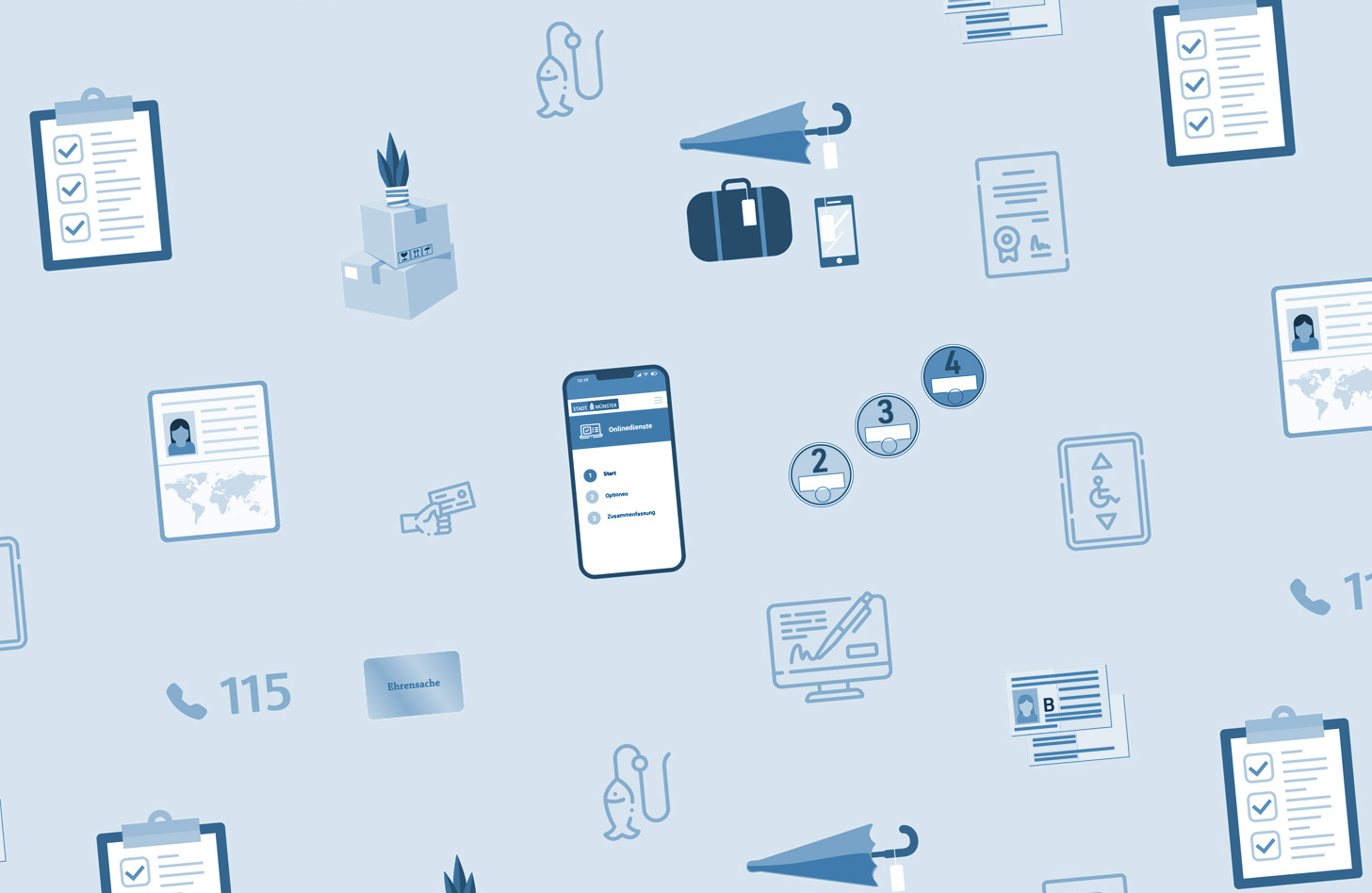 Aneinanderreihung von Symbolen, die verschiedene Dienstleistung der Bürgerbüros symbolisieren