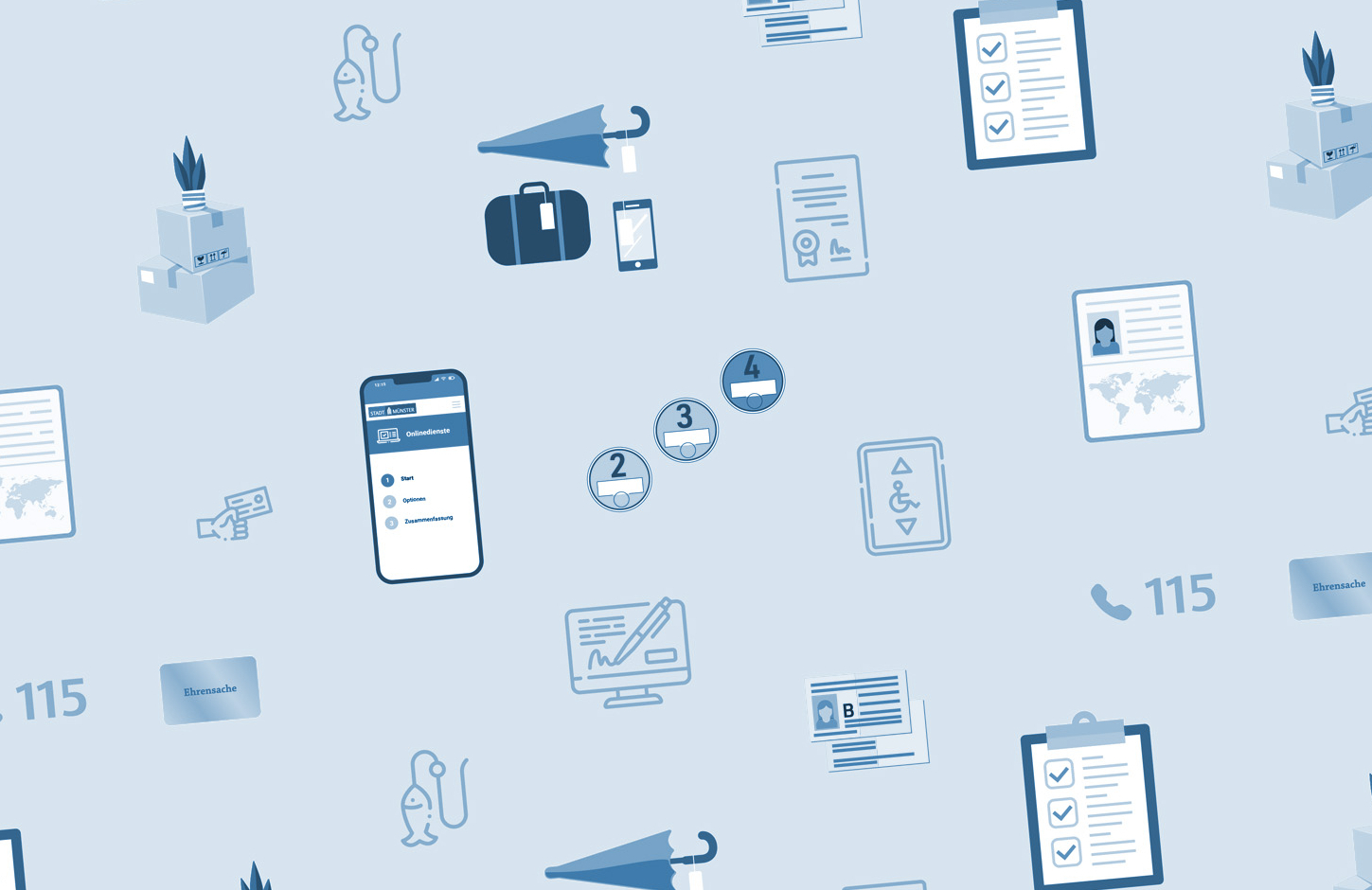 Aneinanderreihung von Symbolen, die verschiedene Dienstleistung der Bürgerbüros symbolisieren