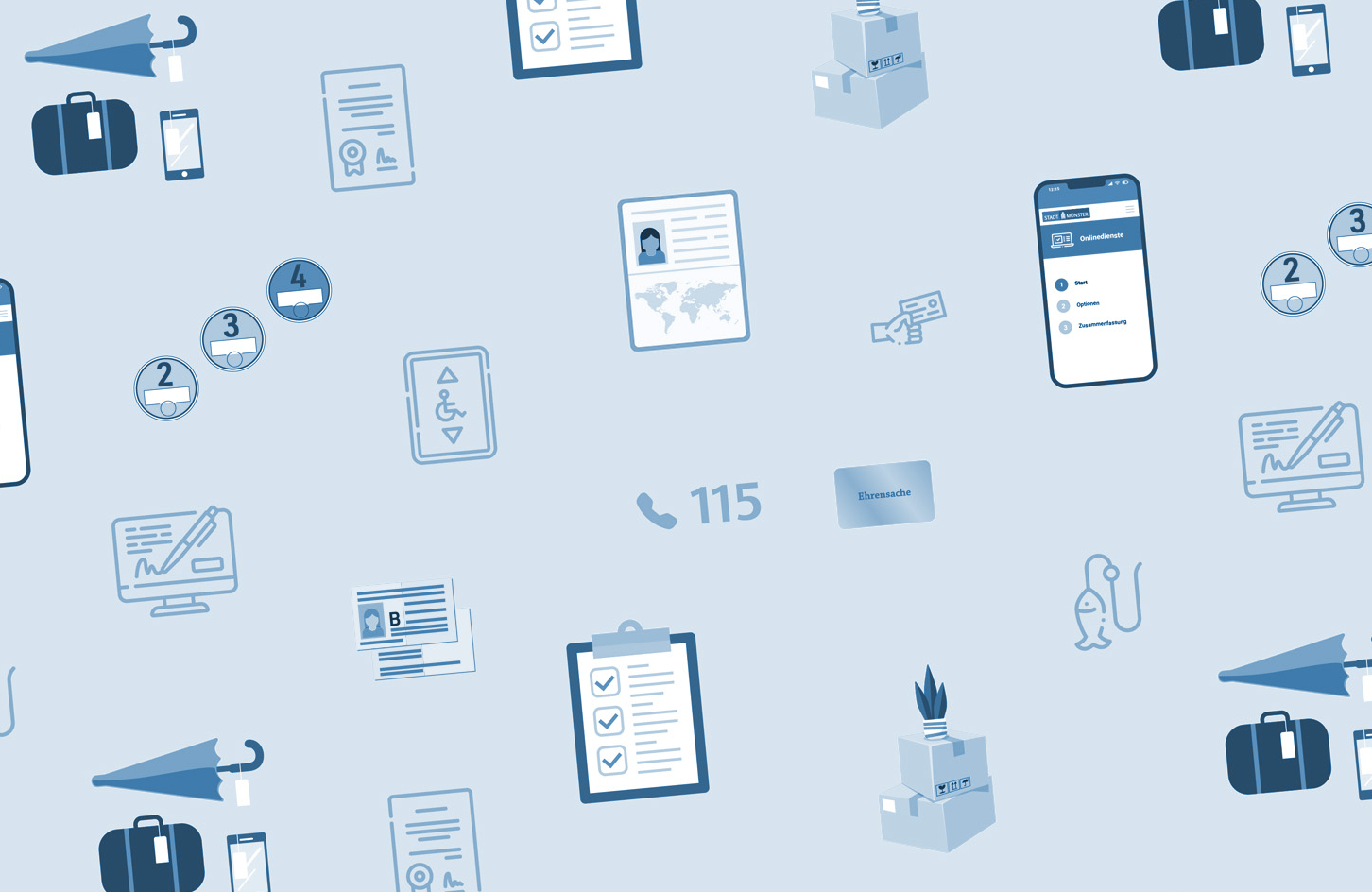 Aneinanderreihung von Symbolen, die verschiedene Dienstleistung der Bürgerbüros symbolisieren