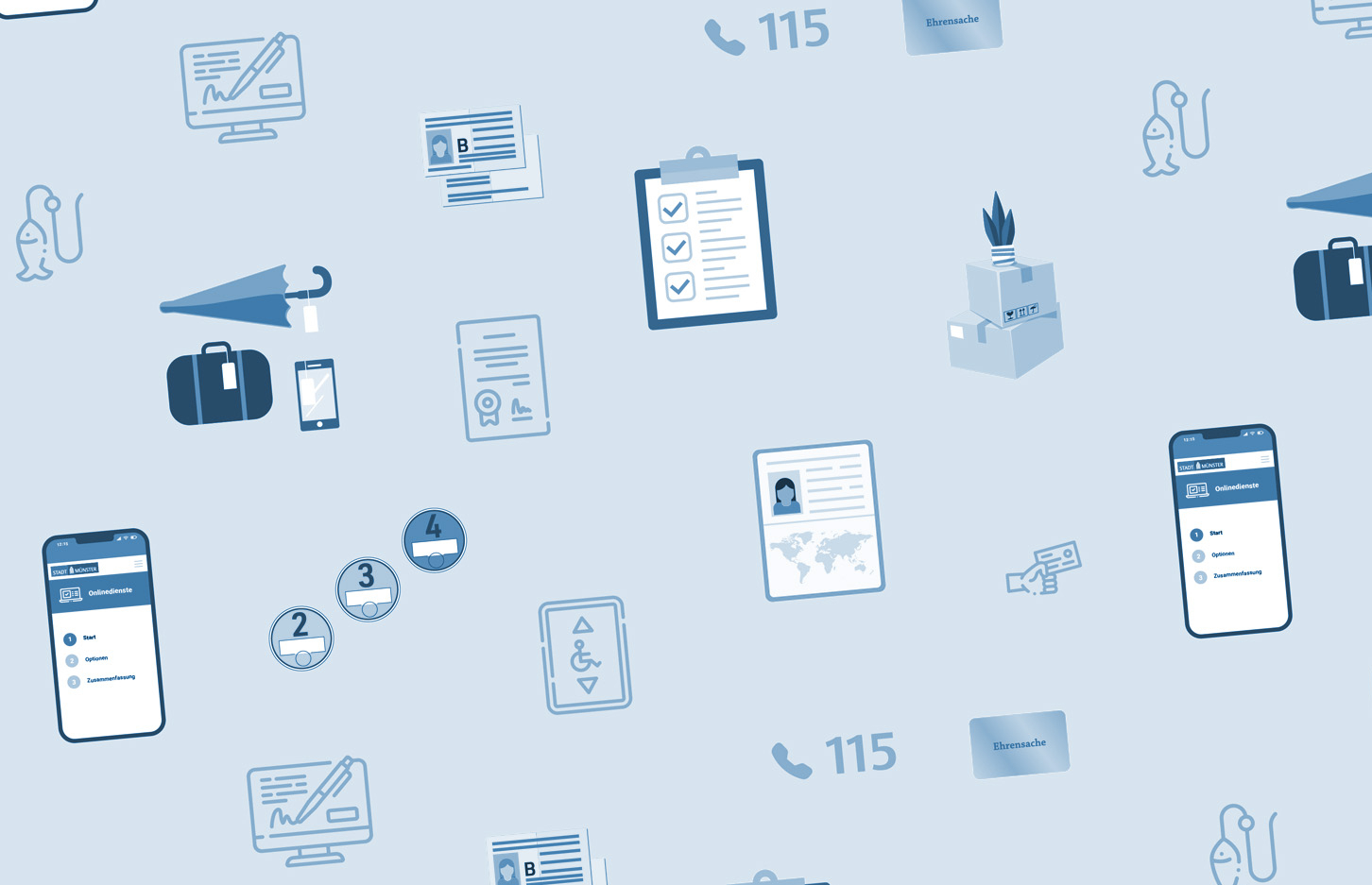 Aneinanderreihung von Symbolen, die verschiedene Dienstleistung der Bürgerbüros symbolisieren